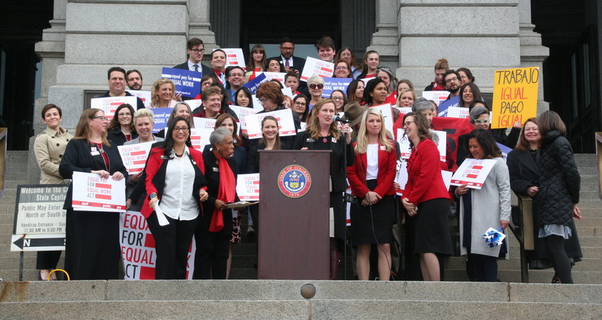 A crowd gathers on the steps of the Colorado State Capitol Building on April 2 to demonstrate their support of SB 19-085, the Equal Pay For Equal Work Act bill, which is currently working its way through the legislature.